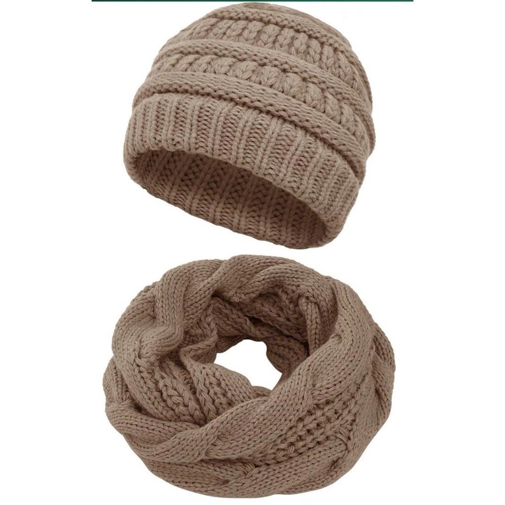 Double Couple Scarf Beanie Set Women OS Beige New Cable Knit Winter C1024